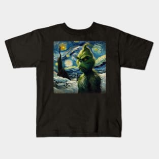 Whimsical Night: Mischievous Green Character - Starry Night Inspired Holiday Art Kids T-Shirt